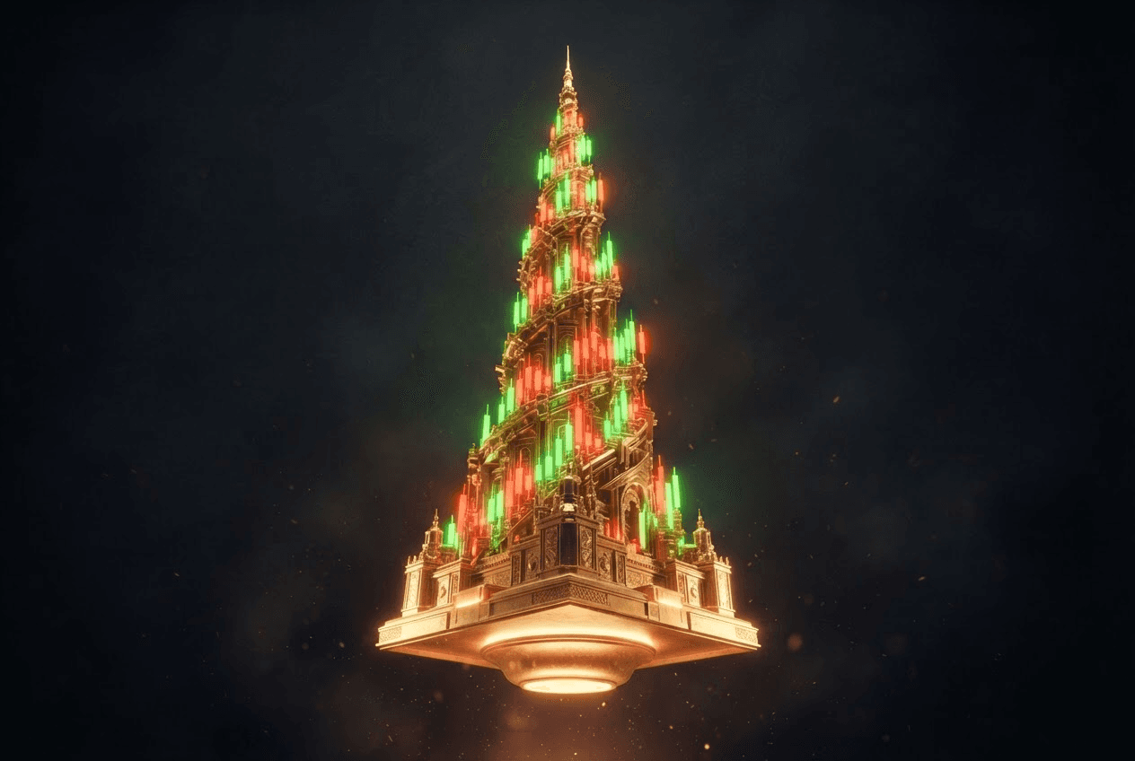 StockHood brand asset: a golden candlestick monument built from stacked green and red candles